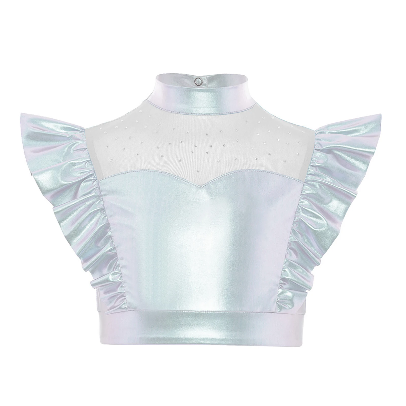 Kids Girls Metallic Shiny Dance Crop Tank Top Mock Neck Mesh Patchwork Ruffle Sleeveless Cropped Shirts Performance Costume