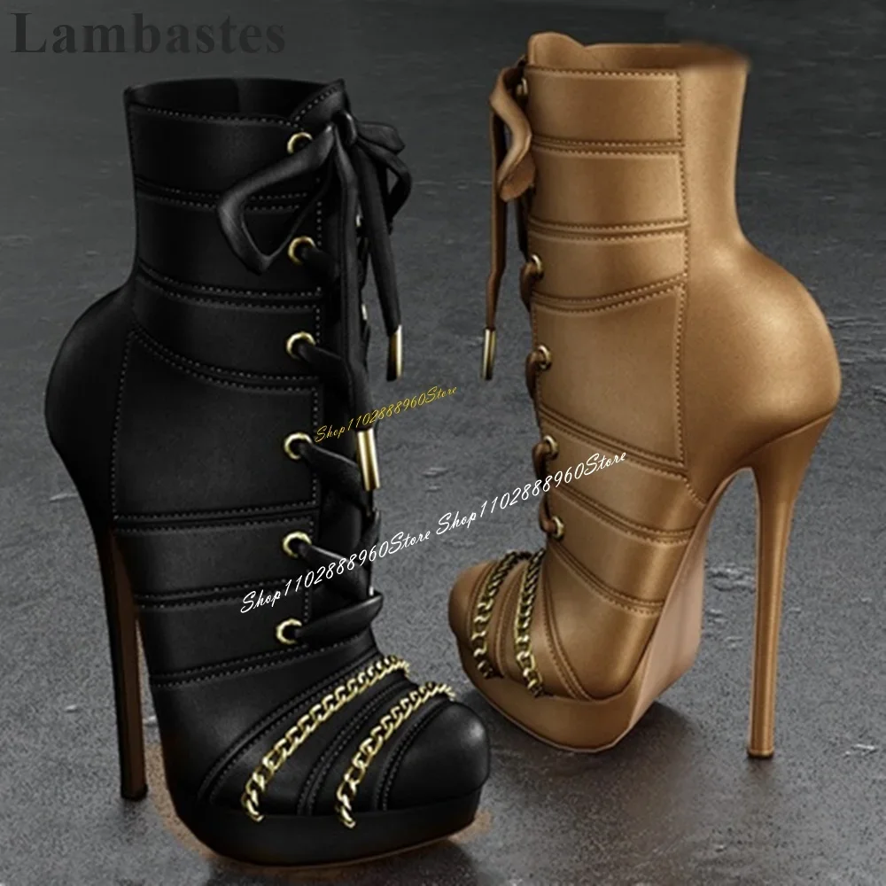 

Solid Cross Tied Metal Chain Decor Platform Ankle Boots Stilettos High Heel Women Shoes Pointed Toe 2024 Zapatos Para Mujere