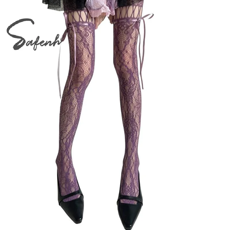 JK Lace Bow Tie Hollow Out Stockings Sexy Flower Bottoms Socks for Women Girls Pantyhose Tights Cosplay Party Accessories