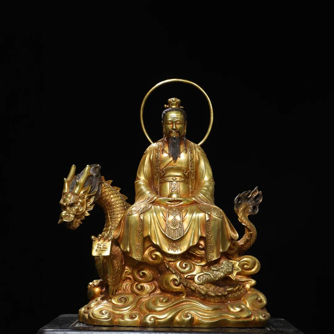 

18"Old Bronze Gilded High Relief Three Pure Ones Primordial Heavenly Lord immortal Mount Dragon Sitting Buddha Worship Hall