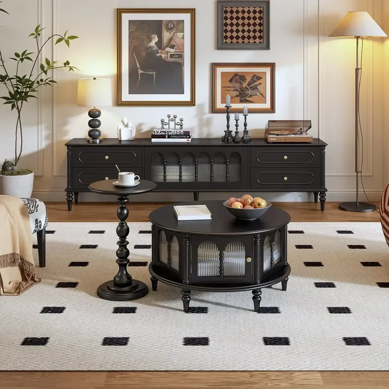 French-style Vintage Mid-century Solid Wood TV Cabinet Black Floor Cabinet with Storage Multifunctional Living Room Furniture