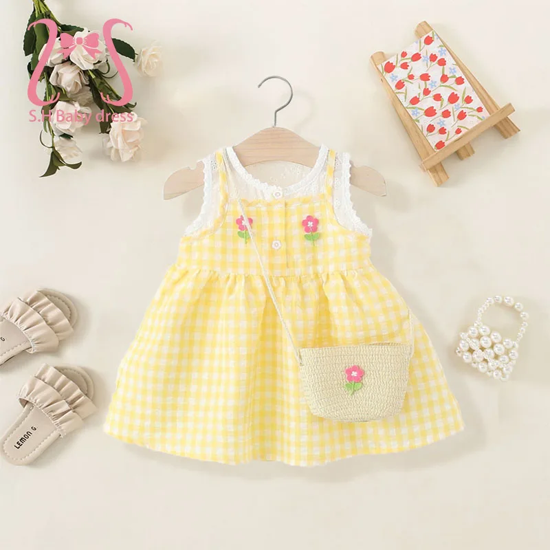 2Pcs/set Adorable Summer Children Clothing Sleeveless Lattice Newborn Dresses Lovely Flowers Baby Girls Dresses 0-4 Y Toddlers