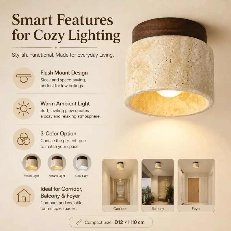 Japanese Travertine Ceiling Light Vintage Cream Flush Mount Lamp for Hallway Porch Balcony Corridor Entryway Ceiling Light