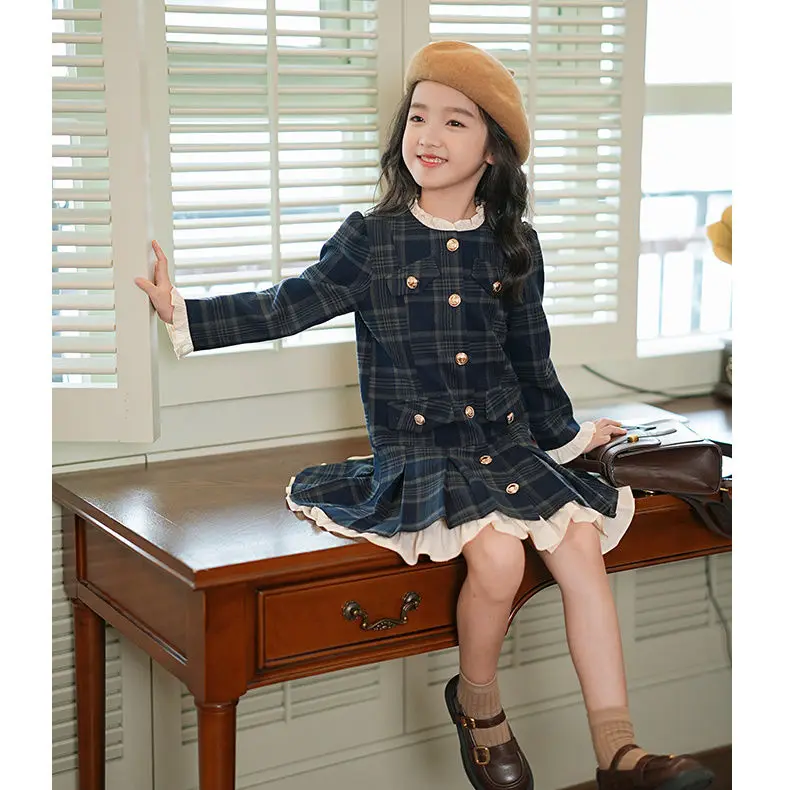 Autumn Winter 2-9 French Lotus leaf lace baby girls plaid dress Design Feeling Pleated Outer princess dresses kids clothes ropa