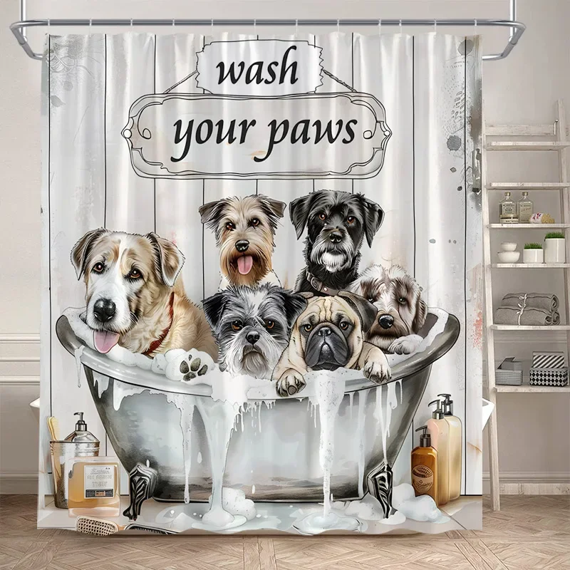 Funny Bathing Dogs Shower Curtain Bathtub Wash Your Paws Cute Pet Cartoon Animals Bath Curtains Fabric Bathroom Decor with Hooks