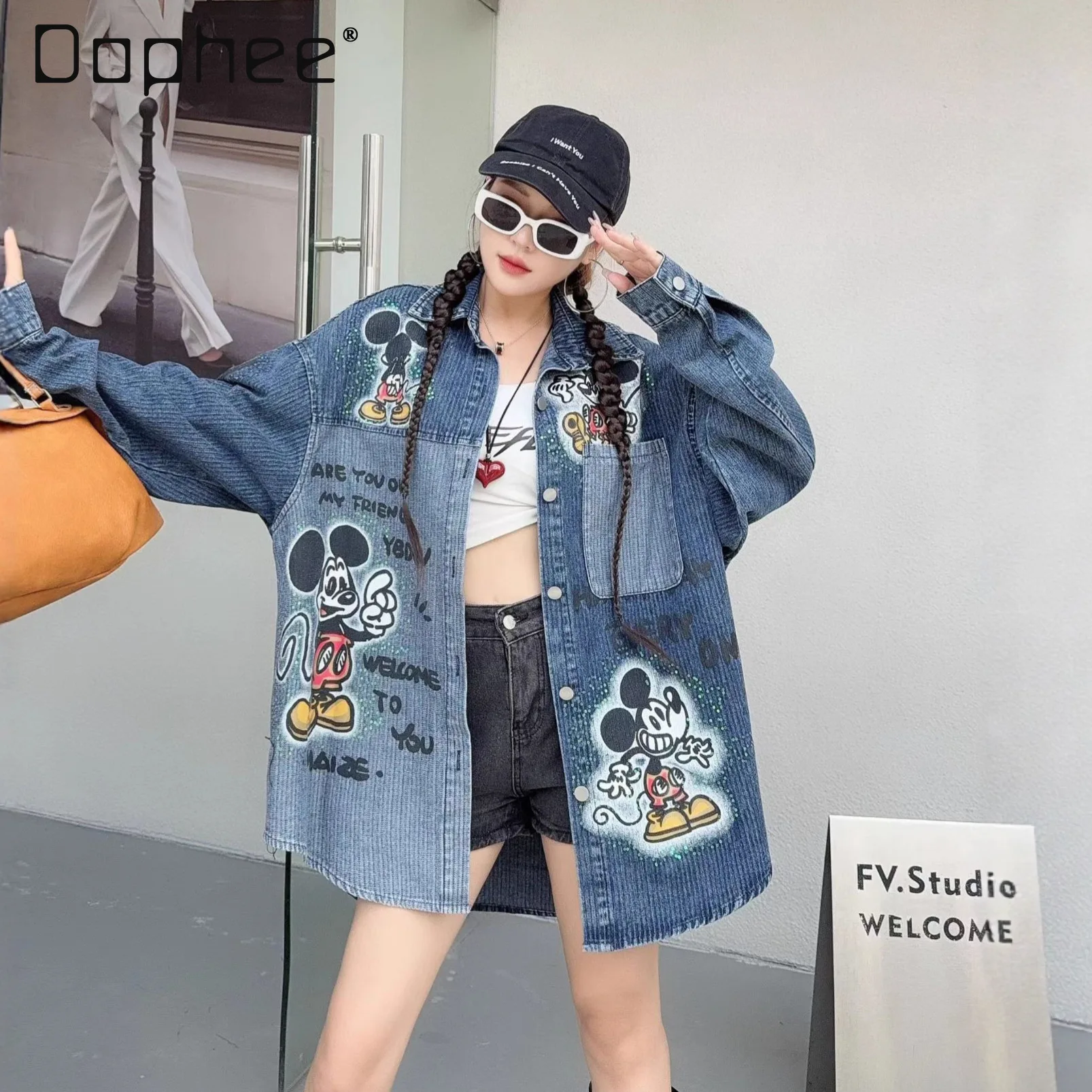 

European Style Denim Shirt Long Sleeve Top Women Spring Autumn Trendy Cartoon Print High-End Mid-Length Casual Jacket