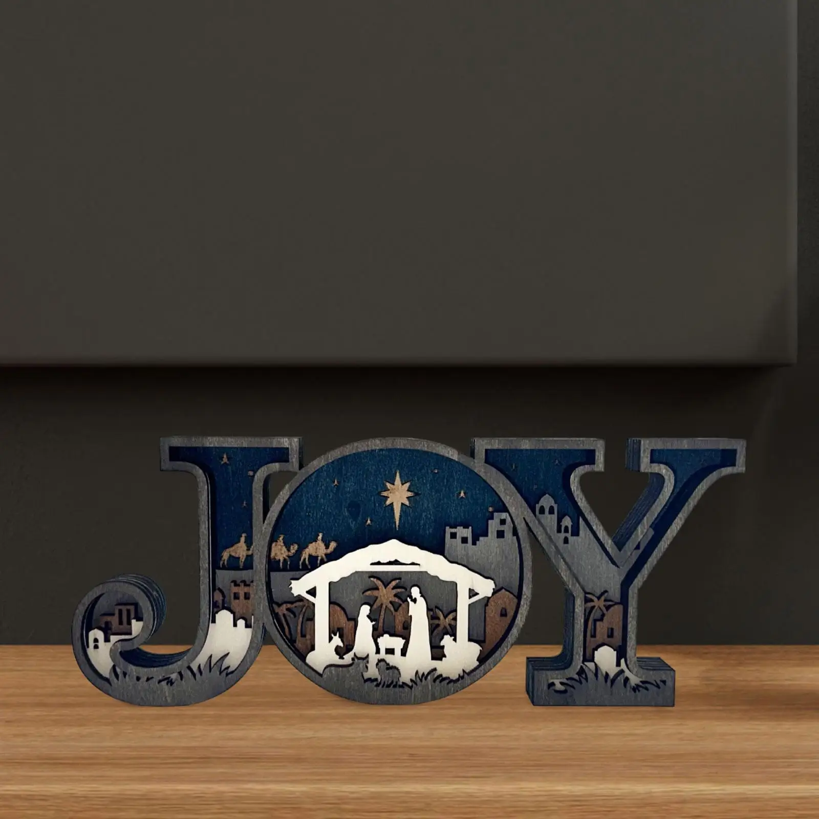 Christmas Nativity Figurine Joy Letter Sign Decorative Statue Religious Sculpture for Shelf Fireplace Desk Festival Countertop