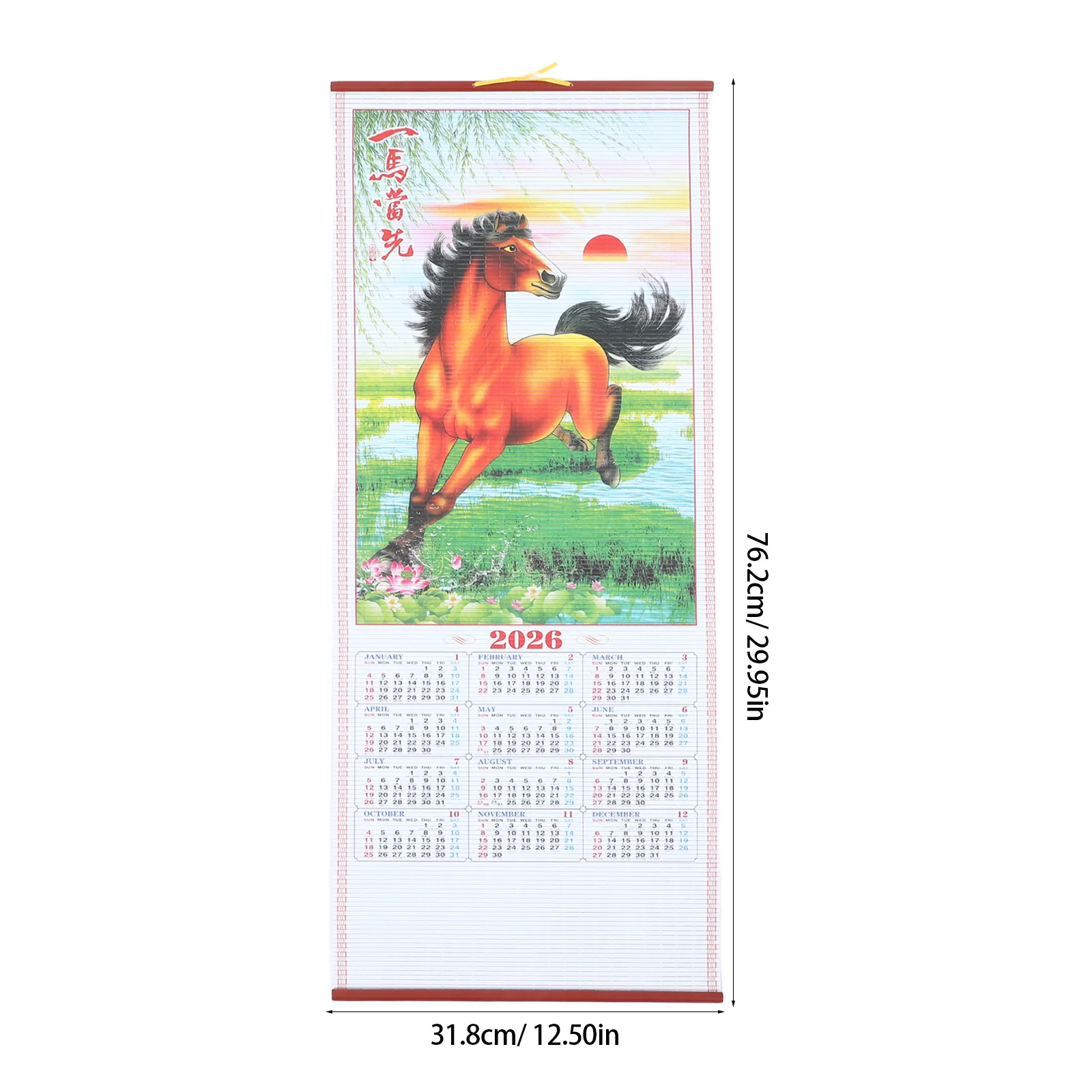 2026 Faux Rattan Horse Year Wall Scroll Calendar Lunar Hanging Decor For Home Office Chinese New Year Zodiac Wall Art Printed