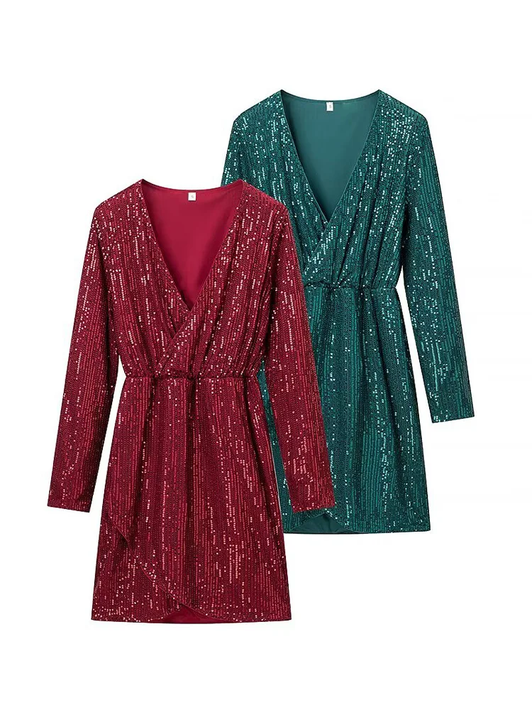 

Женское модное платье с длинными рукавами, украшенное пайетками, для праздничной атмосферы, плиссированное, весеннее, с V-образным вырезом, однотонное, с завышенной талией, мини-платье