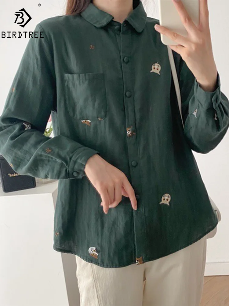 New Autumn Cotton Long Sleeve Shirts, Women Polo Collar Cat Embroidery Top, Mori Girl Casual OL Loose Blouses, Winter T48741QM