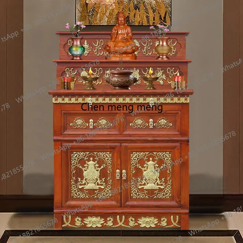 Tibetan-style solid wood three-story Buddha niche standing cabinet with door for table tables for home Buddhist tables