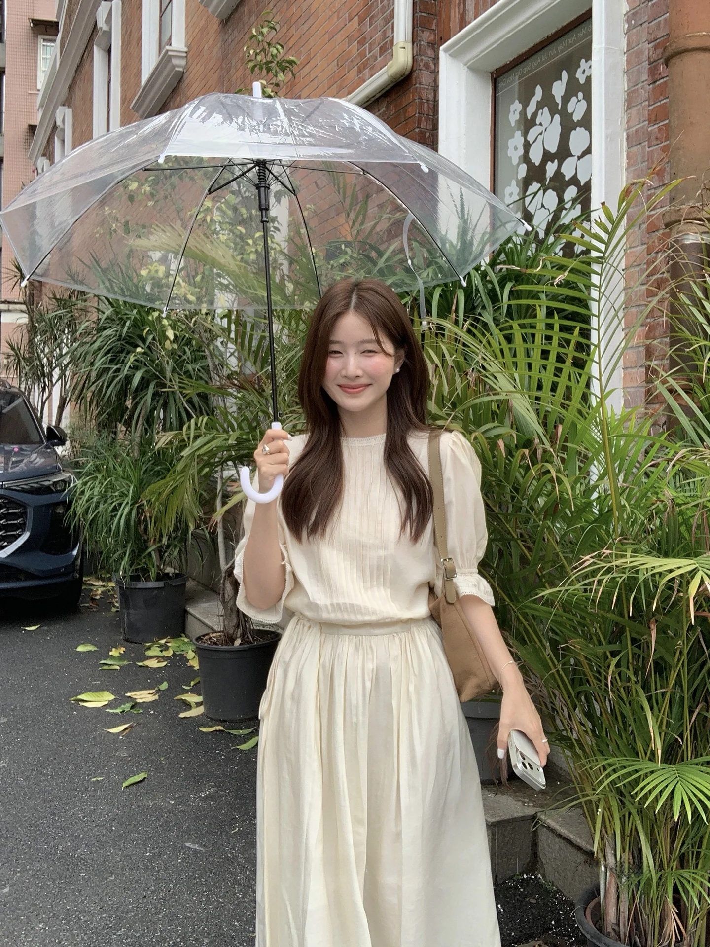 Miao White Apricot Truffle Korean Style Women's Dress Spring Summer Gentle Personality Bubble Sleeve Unique Design Long Dress