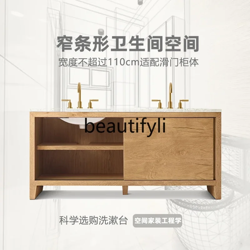 Modern minimalist paint, oak floor-to-ceiling bathroom cabinet, sink, double basin bathroom cabinet