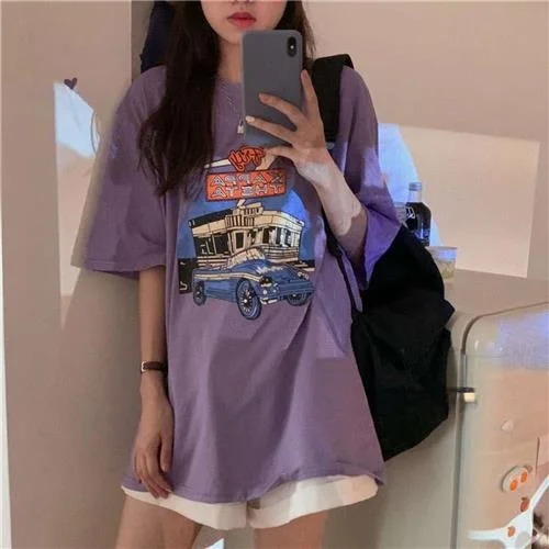 Sommer Cartoon Print Midlength ort Sve T-shirt frauen Casual runde Ne Top Polyester Faser Frühling Kollektion