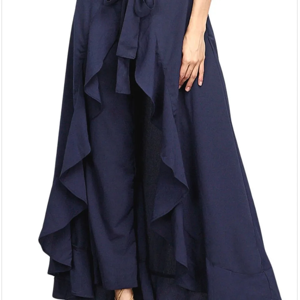 Women Palazzo Pants 2021 Causal Ruffle Drawstring Trouser Elegant High Waist Irregular Loose Pure Color Autumn Female Pant Skirt