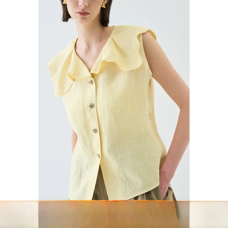 

Slimming Effect Linen irt with Tie Collar Versatile Small Top Korean Sle Commute Wind Button Detail Pleated Hem Summer 2024