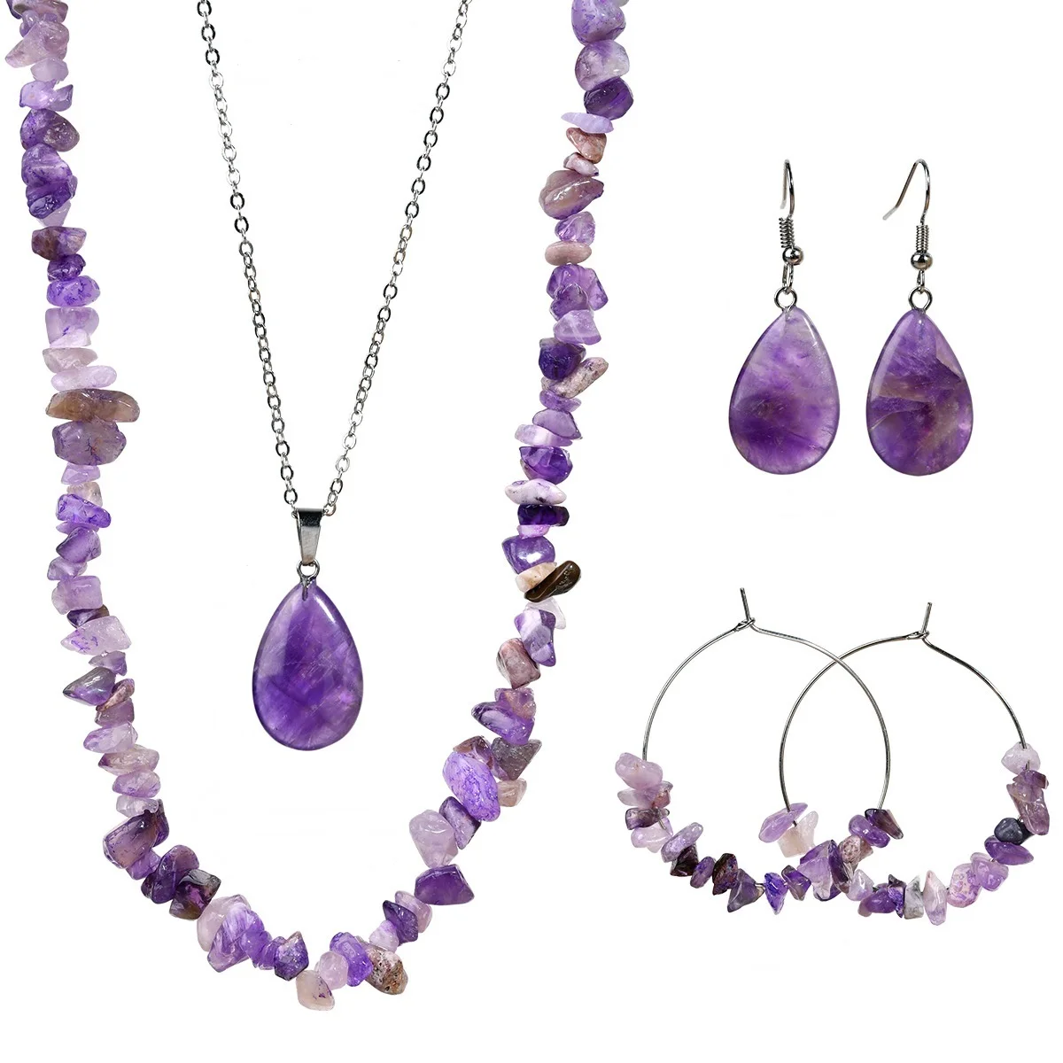 

6pcs /Set Natural Stone Amethyst Necklace Earring Set Bohemian Women’s Elegant And Luxurious Handmade Jewelry