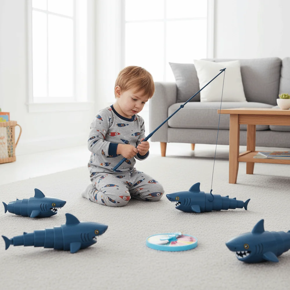 자석식 아기 낚시 게임 조기 교육용 낚시 접시 전동 상어 낚시 장난감 세트 낚싯대 만화 캐릭터