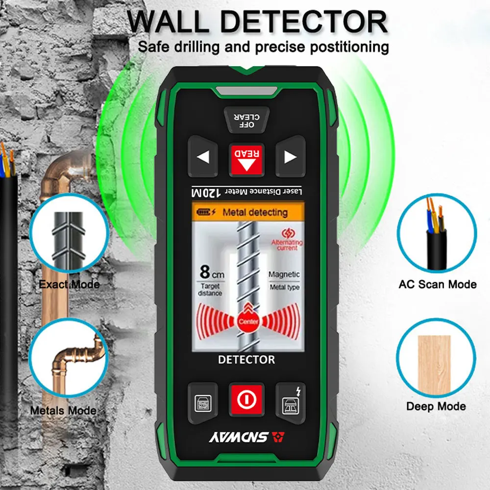 5-in-1 SNDWAY Wall Scanner Metal Wood Stud Live Cable Detector, 393ft/120M Laser Measurement SW-6100GT Laser Measurement Tool