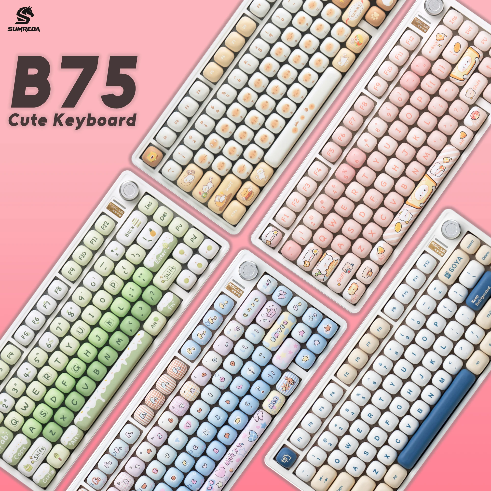 

SUMREDA BJ75 Pink Cute Wireless Mechanical Keyboard Gaming 75% Bluetooth 2.4G Wired RGB Hotswap Gamer With knob Keyboard