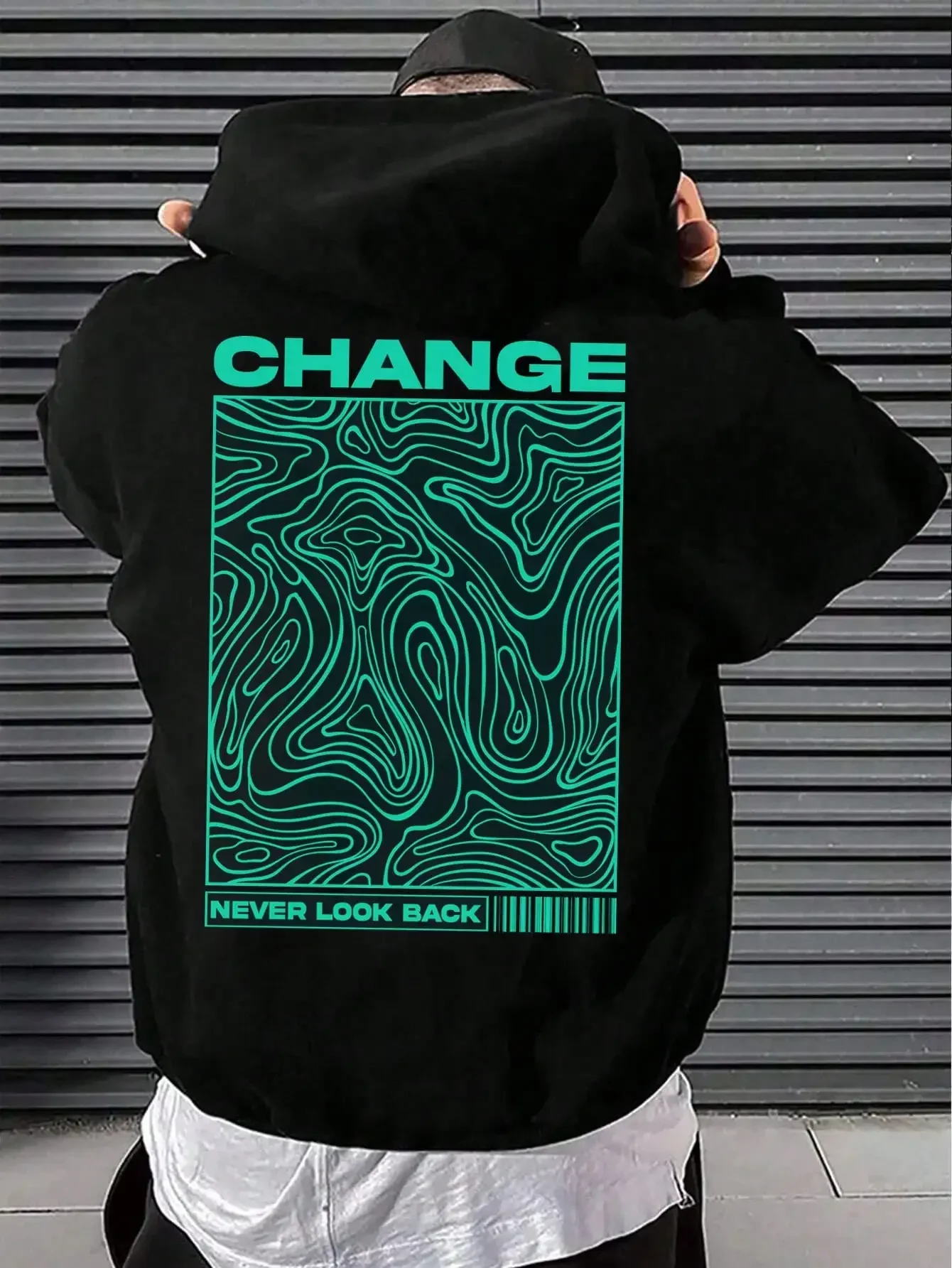 Hooded Creative Autumn Hoodies All-Match Sport Pullovers Personality Casual Tops Change Word With Green Curved Lines Printed Men