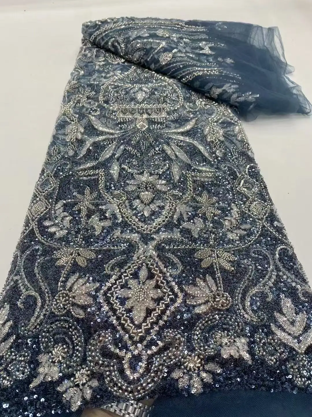 

High Quality Fashion French Mesh Embroidery Sequins Beads Lace Fabric African Nigerian Lace Fabric For Wedding Dress Party