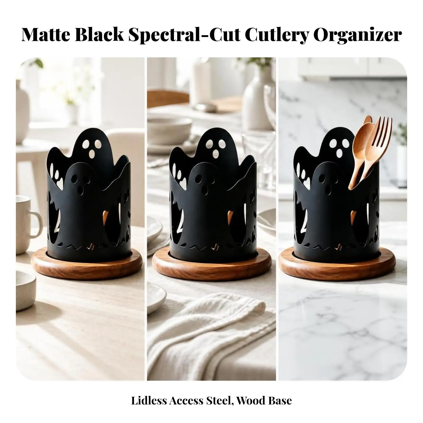Utensil Holder with Wooden Base | Stainless Steel Body, Space-Saving Compact Size, spooky Utensil holder, for Halloween Party