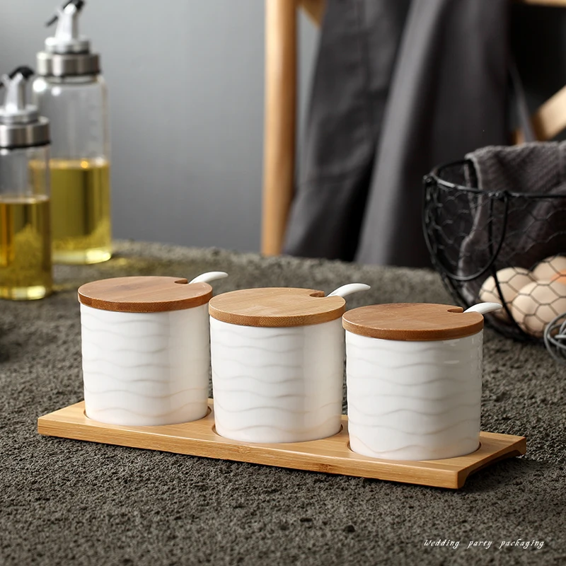 Ceramic Condiment Storage Jar Kitchen Seasoning Tank Household Seasoning Pot Bamboo Tray Spice Jar Soy Sauce Box Salt Sugar Can