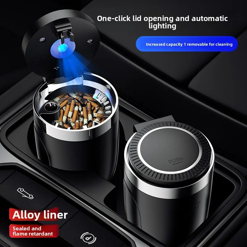 Car ashtray with lid and metal liner, one-touch lid opening, soft lighting, car ashtray