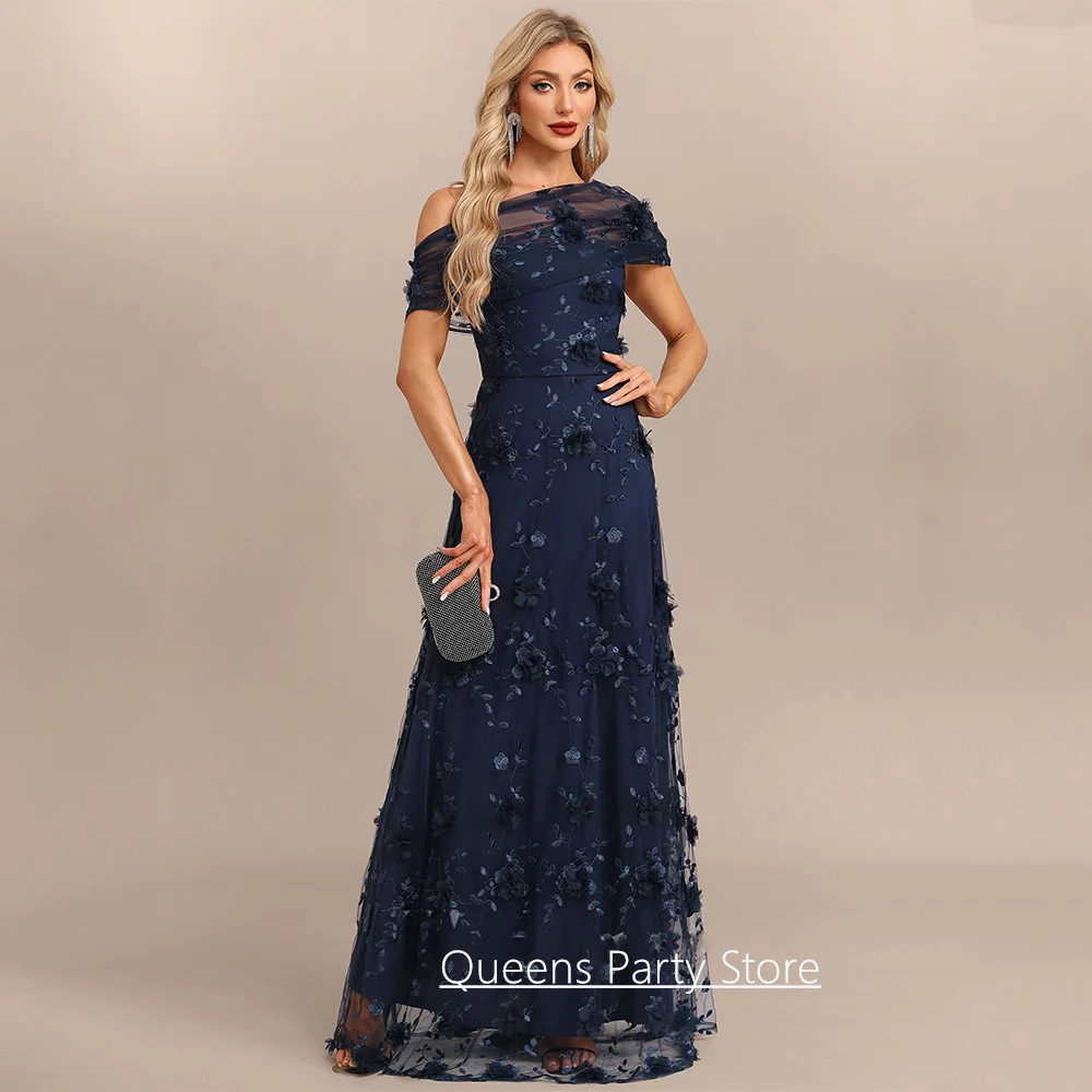 Navy Mother of The Bride Dress Customized Off The Shoulder Flowers Lace Floor Length Wedding Guest Gown Party Dresses