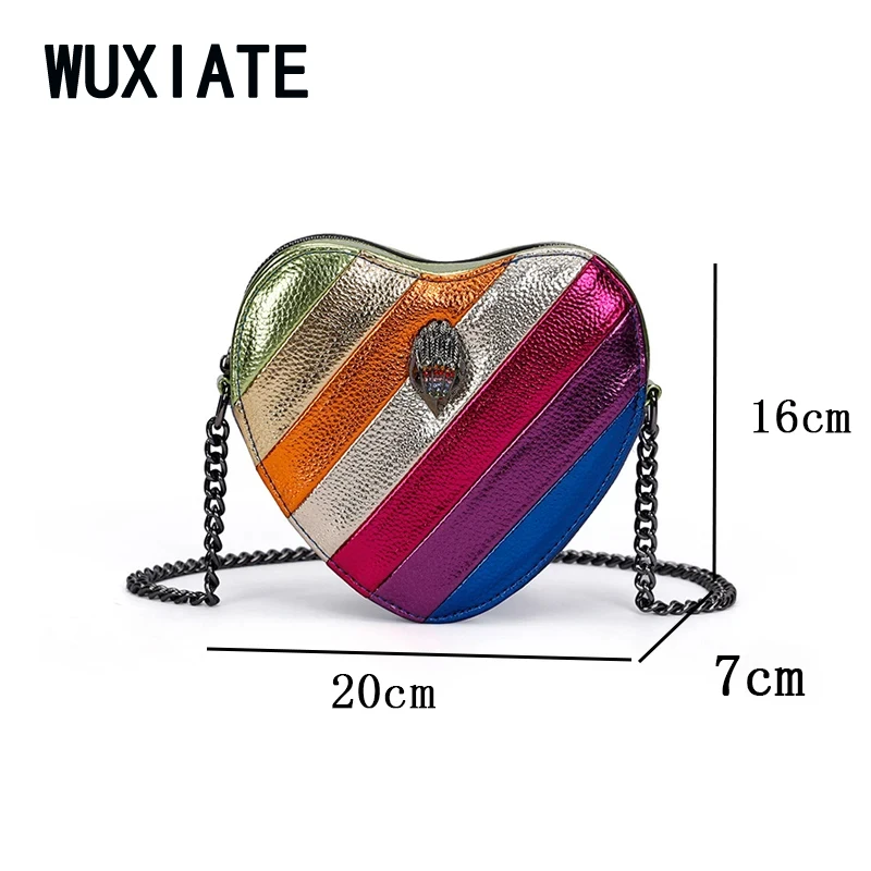 WUXIATE 2024 moda w kształcie serca tęczowe damskie torby typu Crossbody kolorowa torba z grubej bawełny z PU Outdoor torba podróżna na ramię Fashion Design