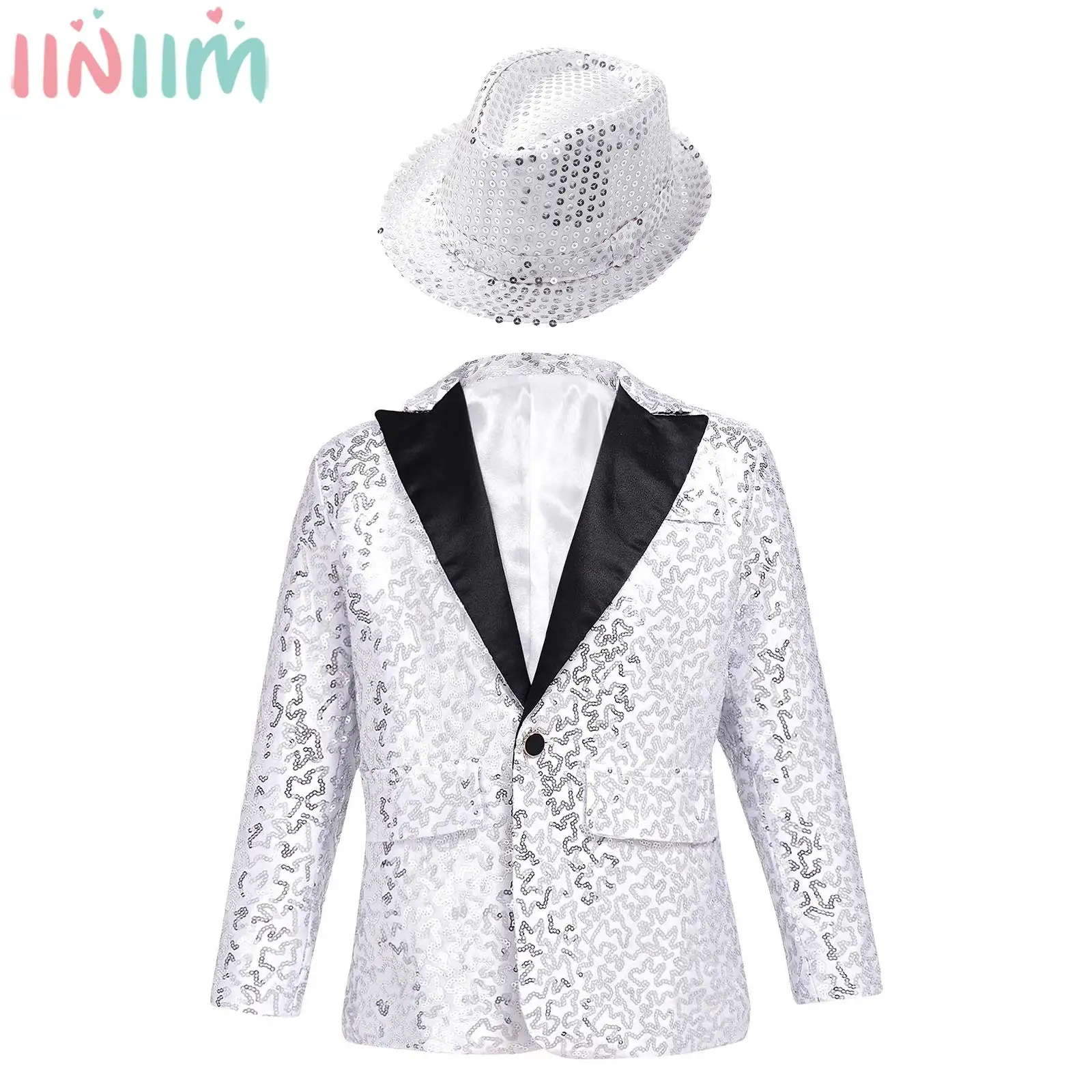 6-16Y Boys Long Sleeve Shiny Sequin Blazer Lapel Tuxedo Suit with Fedora Hat Dance Performance Banquet Wedding Party Clothes