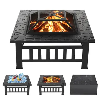 Fire Bowl With Mesh Cover Fire Poker Multi Functional Firewood Heating Stove BBQ Grill Foldable Portable Outdoor Campfire Basin