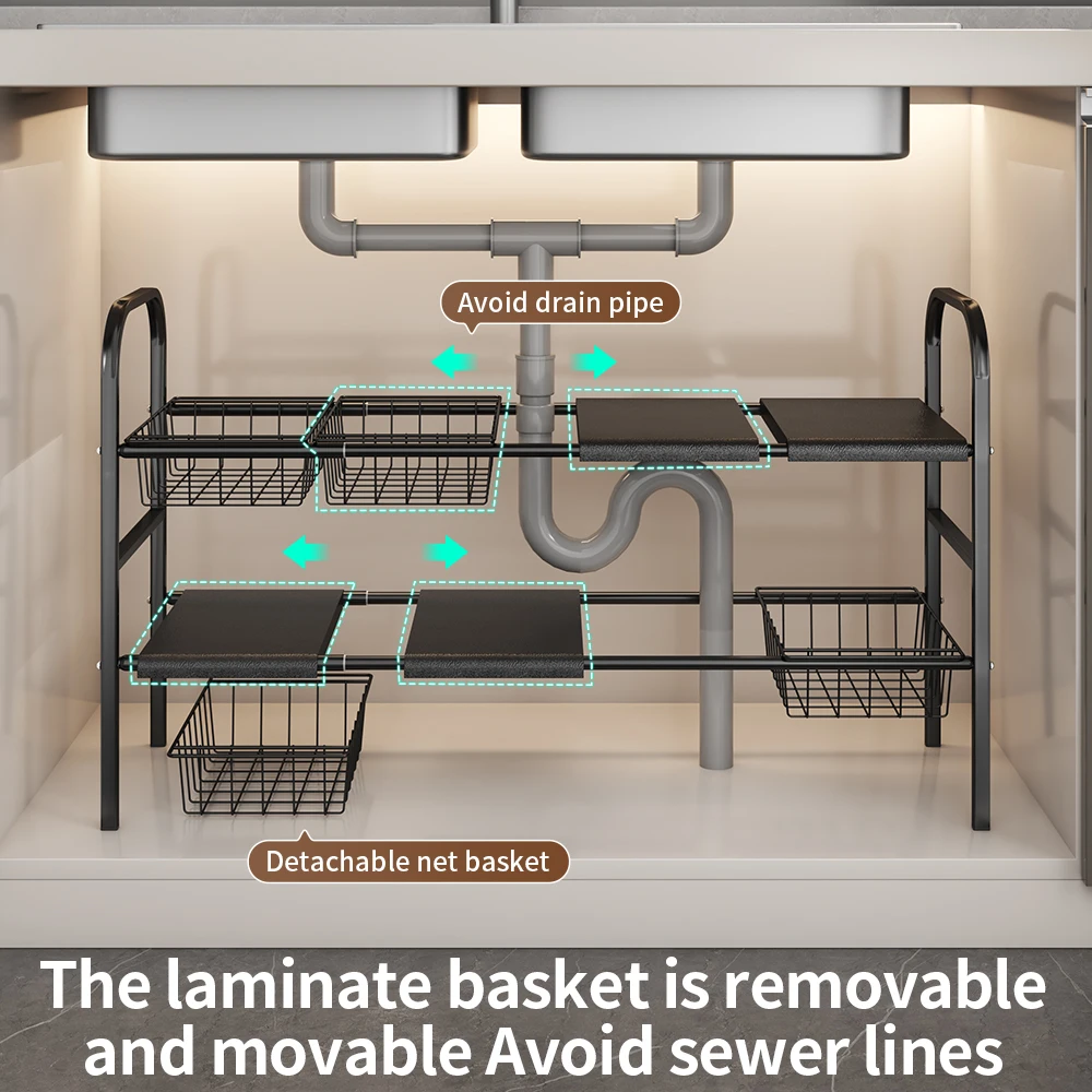 1 Set Kitchen Under Sink Organizers, Expandable Cabinet Shelf Organizer Rack With Removable Baskets, Retractable Shelf Organizer