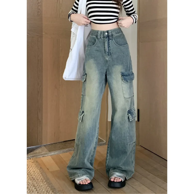 

2024 Best Selling American Fashion Multi Pocket Jeans Women Y2K Hip Hop Casual Harajuku Vintage Gothic Straight Wide Leg Pants