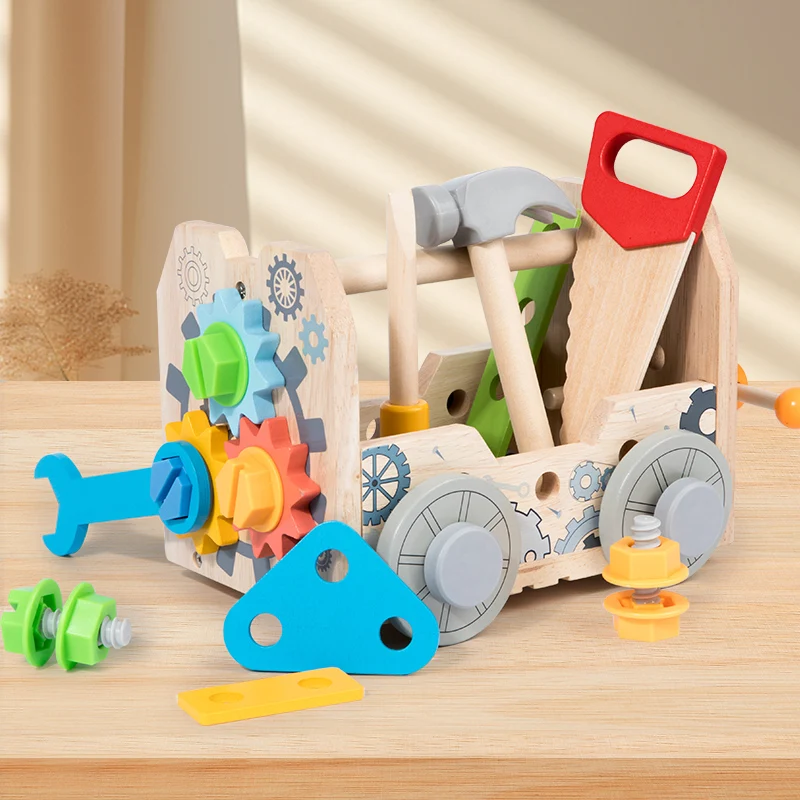 Kids Wooden  Tool Box Toy Pretend Game Puzzle Disassembly Set Simulation Multifunctional Repair Carpenter Tool Boy Gift