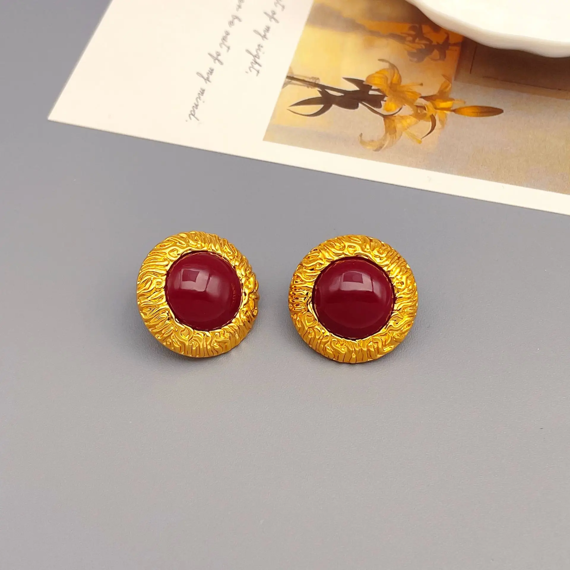 

French retro red round relief fashion personalized stud earrings