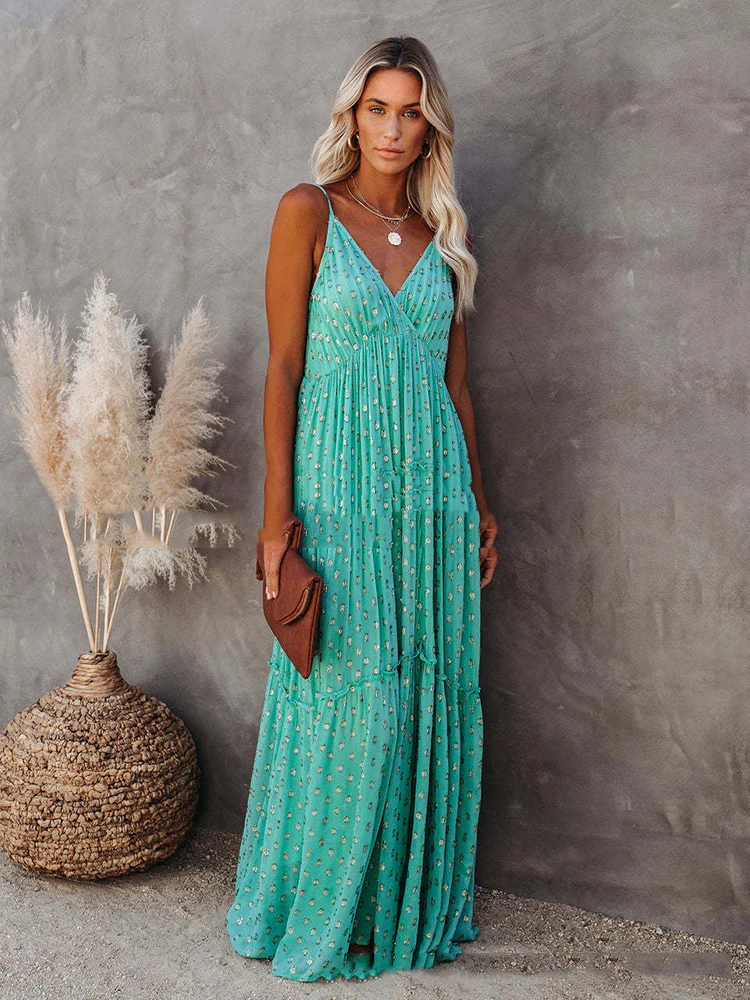 Robe d'été longue en fibre pour femmes, col en V, bretelles spaghetti, Maxi, Boho, dos nu, plissée, robe de plage