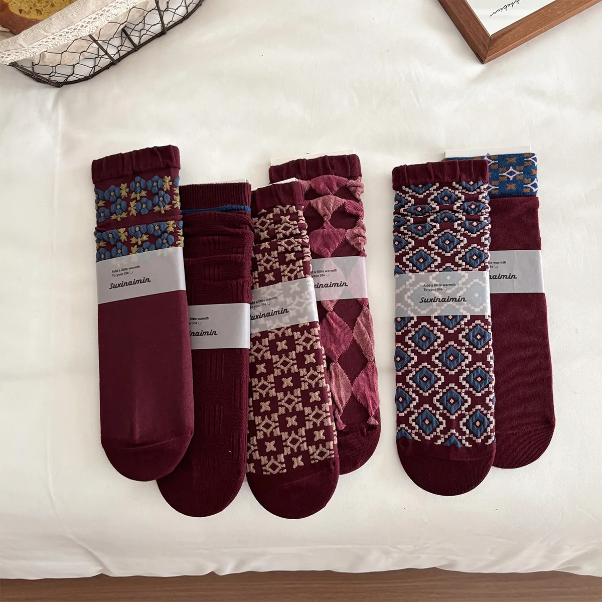 Retro Socks Women 2026 New Autumn and Winter Burgundy Medium Tube Socks Embossment Ethnic Harajuku Vintage Cotton Long Socks Sox