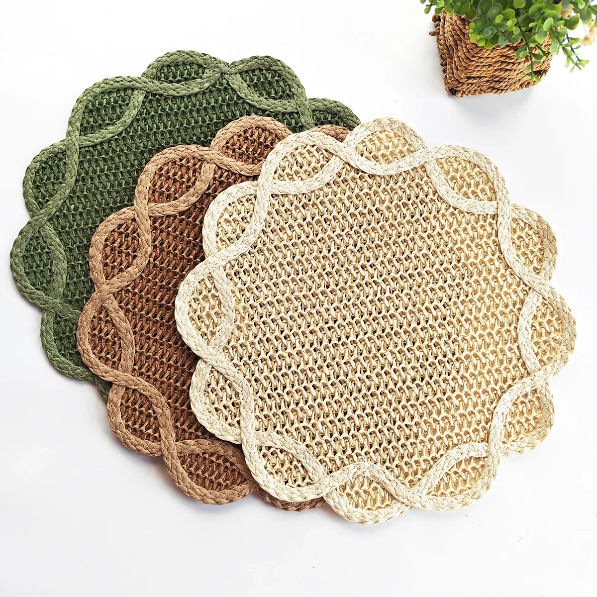 Paper Braided Floral Placemats Natural Non-Slip Heat Resistant Table Mats for Dining Table Woven Indoor & Outdoor Place Mat 15''