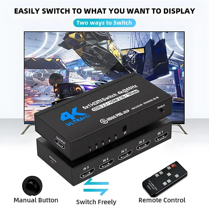 Przełącznik 4K HDMI 2.0 Selector 4K 60Hz HD Switch HDMI Splitter 5 In 1 Out 4 In 1 Out do laptopa PC Switch TV Box PS5