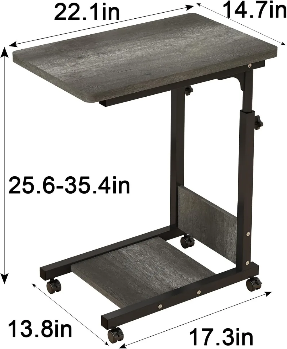 Adjustable Height C Table with Wheels, Mobile Bedside Desk for Laptop and Home Use, Gray