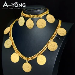 Turkish Gold Plated Coins Jewelry Set 21k Gold Color Arabic Fashion Cuban Necklace Bracelet Dubai Women Bridal Wedding Jewelrys