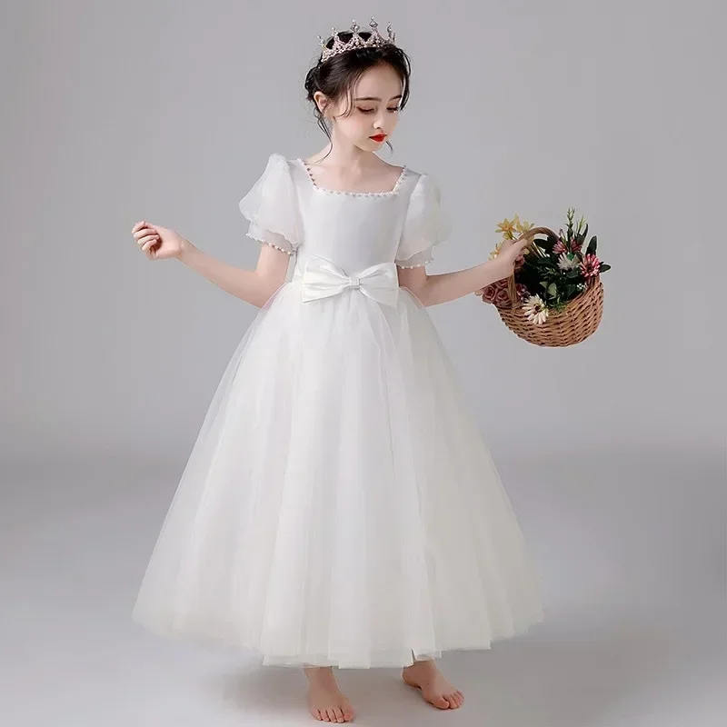 2024 Spring New Flower Girl Dress White Host Fluffy Yarn Walking Show Girl Trendy Performance Dress