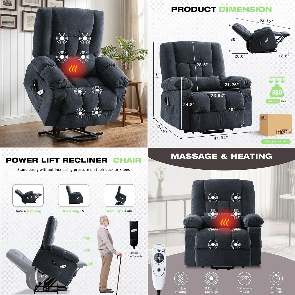 

Recliner Chair with Heat and Vibration Massage, Small Electric Recliner Sofa with Lumbar Support, Adjustable 90150, Side Pocket