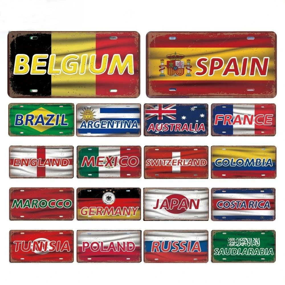 Vintage Country Name Poster Car Metal Aluminum Signs Russsia France Brazil Metal Plate Bar Garage Living Room Retro Wall Deco