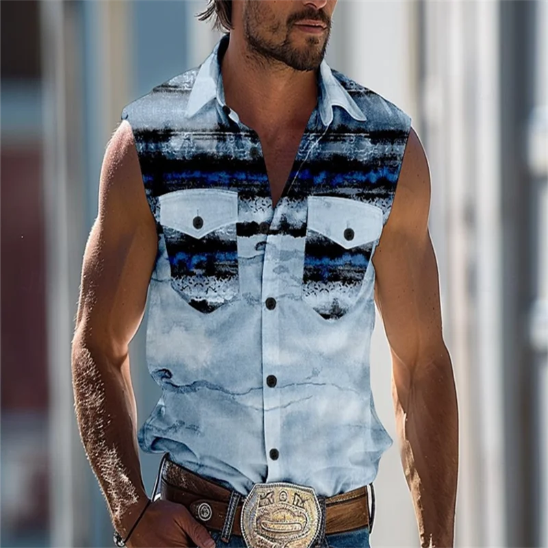 

Мужская летняя рубашка без рукавов в богемном стиле с геометрическим растительным узором, гавайская пляжная мужская повседневная рубашка