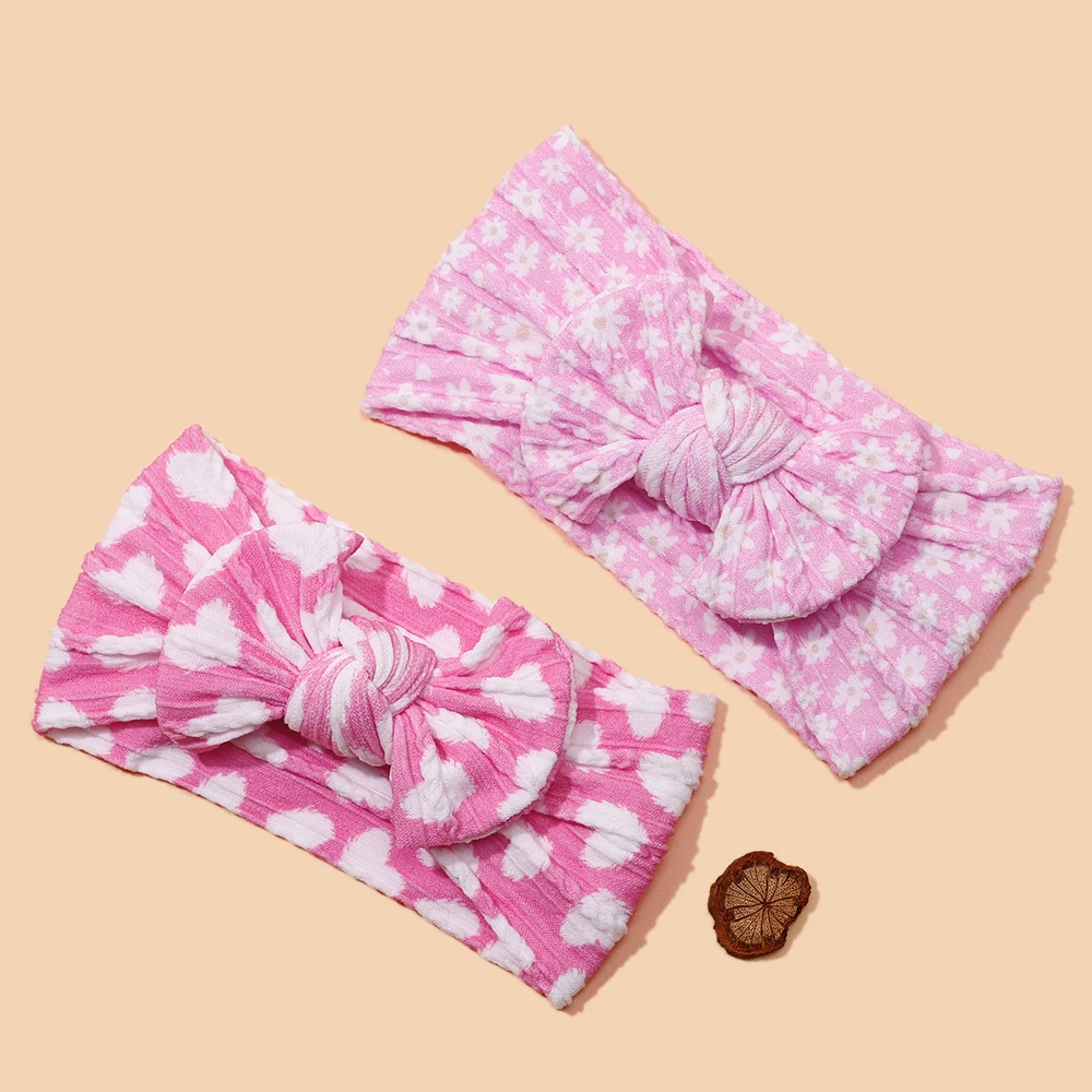 

1pc Heart Print Nylon Bow Headband Baby Leopard Printing Headband Girls Cotton Ribbed Turban for Children Girl's Headwear Kids