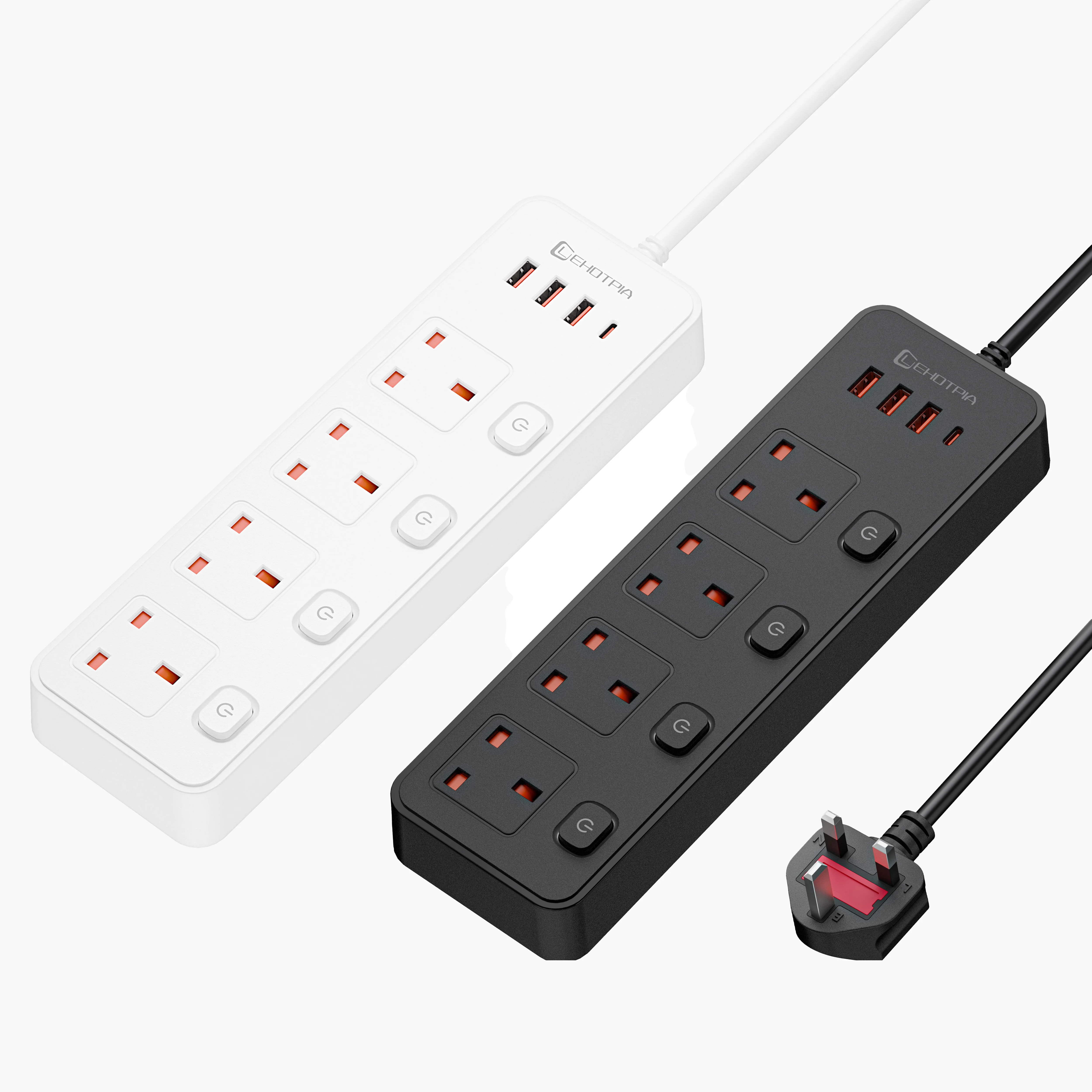 AC Power Strip With UK Plug featuring Independent Switches Multitap 1.8m Extension Cord Network Filter and USB C Charging Ports
