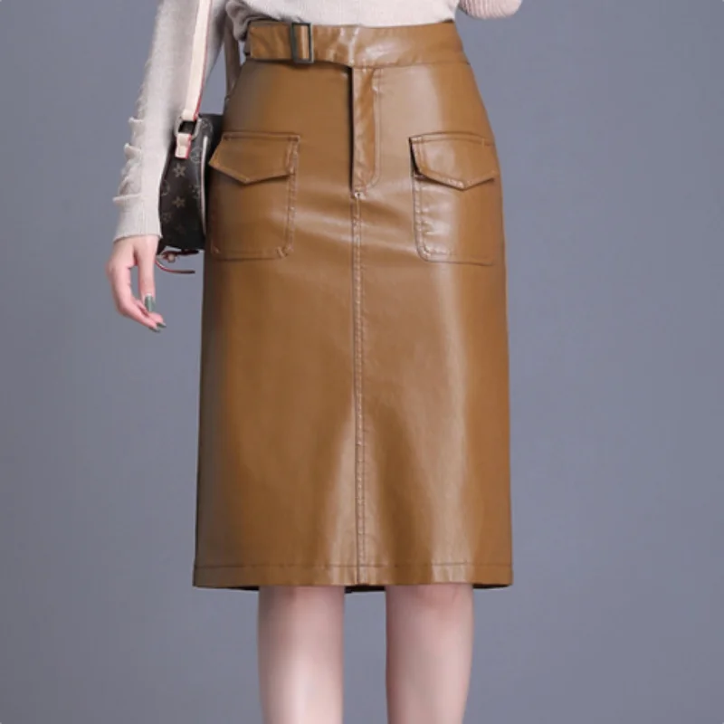 ZXRYXGS 2025 Nowa Moda Jesień-Zima Spódnice Premium ze Skóry PU Wyszczuplające Spódnice Damskie o Średniej Długości